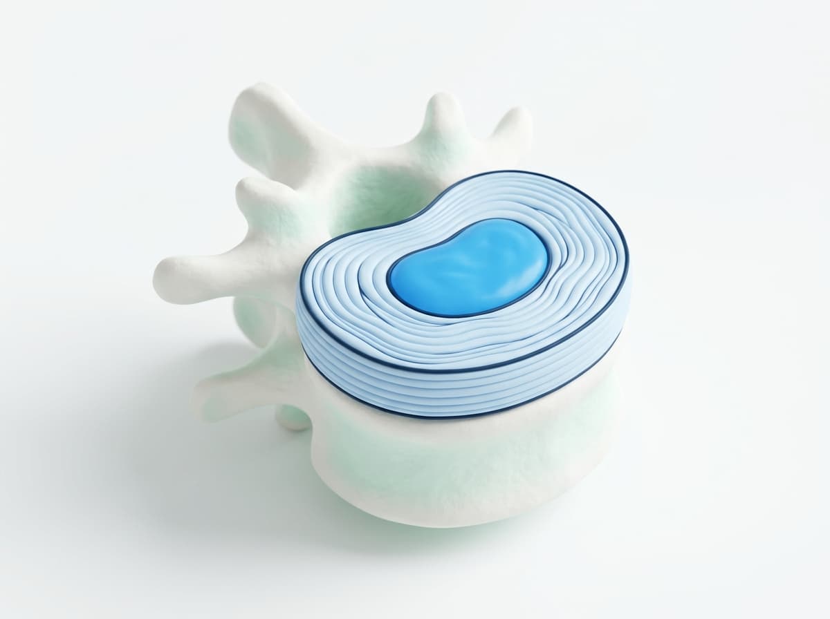 Cutaway illustration of a healthy spinal disc: a soft centre held inside a ring of many thin layers, between two vertebrae.