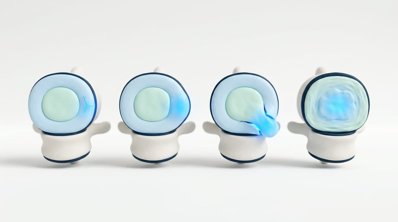 Four discs in a row showing a fine tear, a bulge, a herniation, and a disc that has lost height.